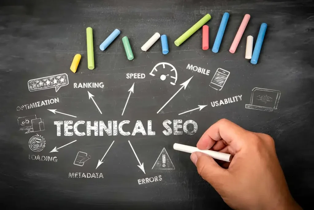 Technical SEO concepts including speed, ranking, and usability