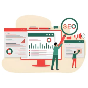 SEO illustration showing website analytics and search optimization.